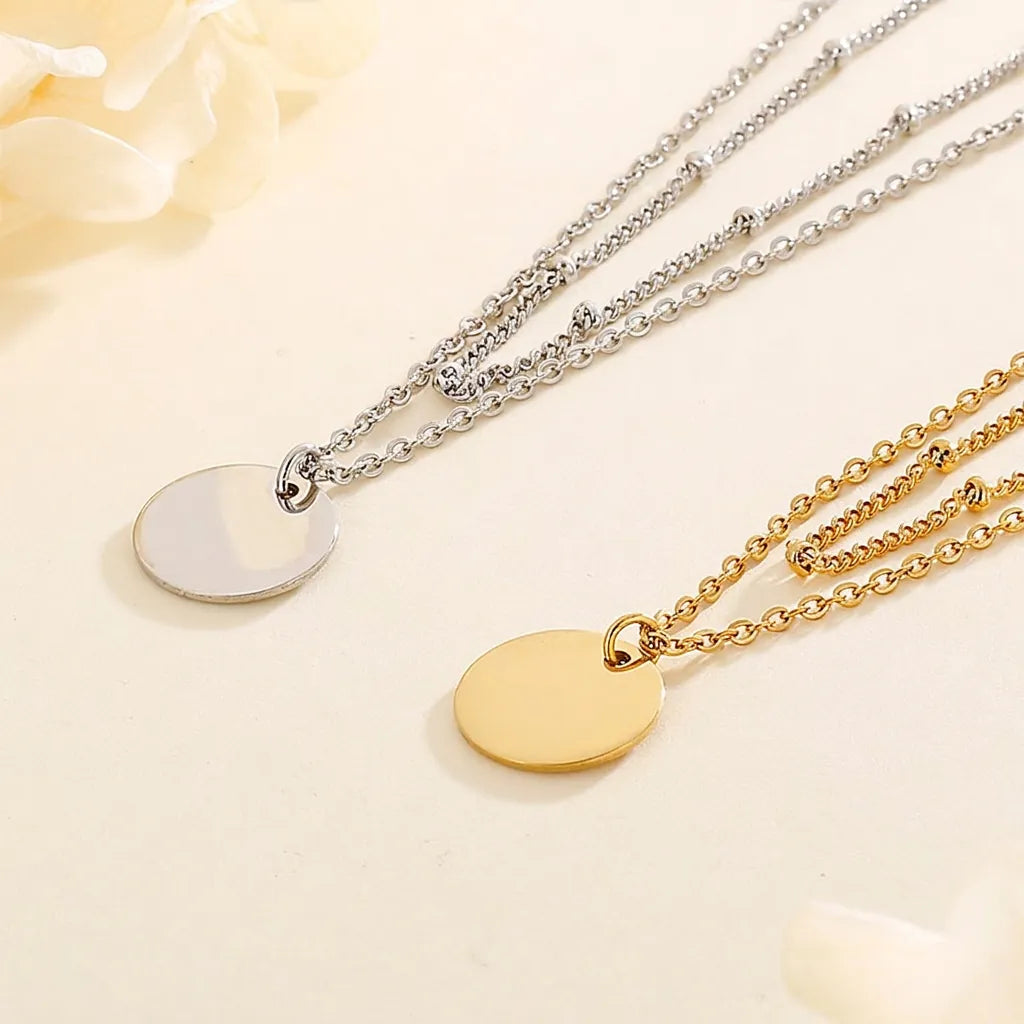 Collier double couche acier inoxydable pendentif disque rond minimaliste
