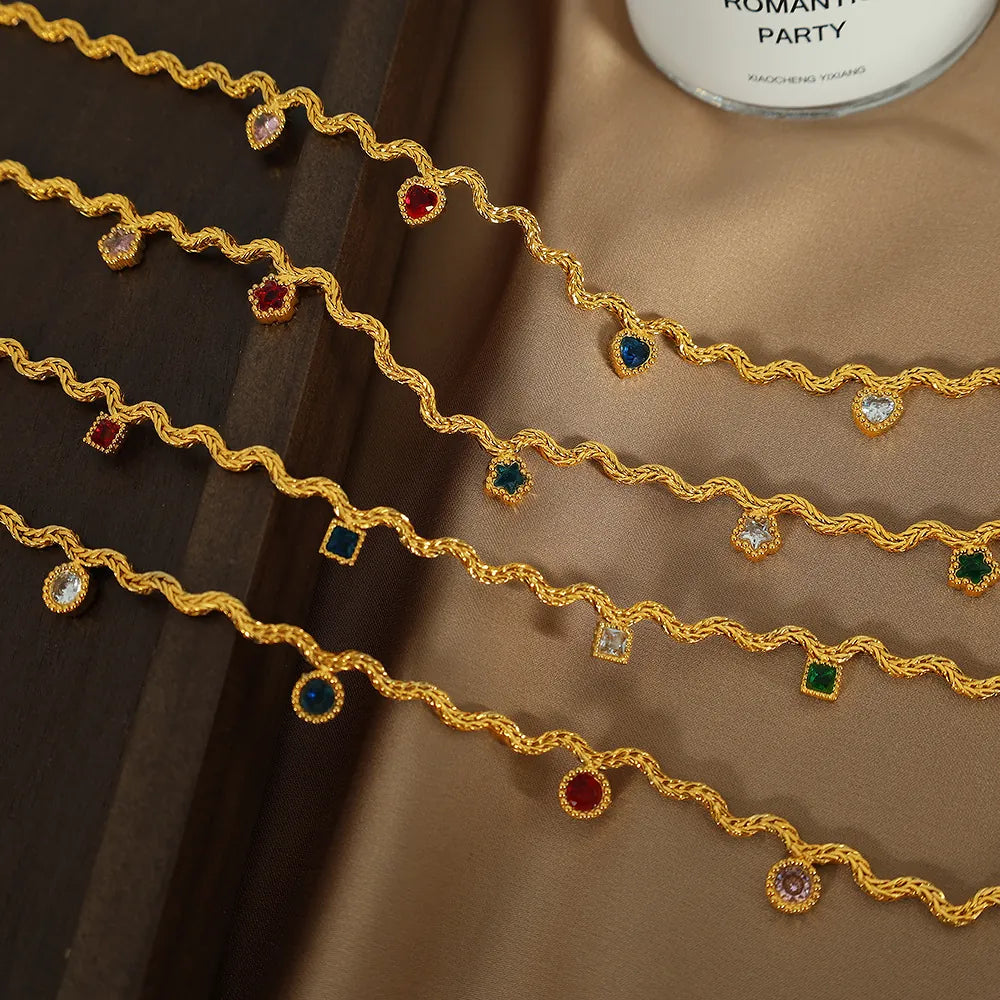 Collier zircon coloré pendentifs cœur carré fleur chaîne ondulée