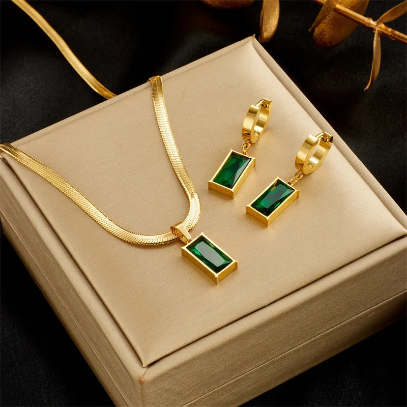 Parure Émeraude — Collier & Boucles d'Oreilles Dorés